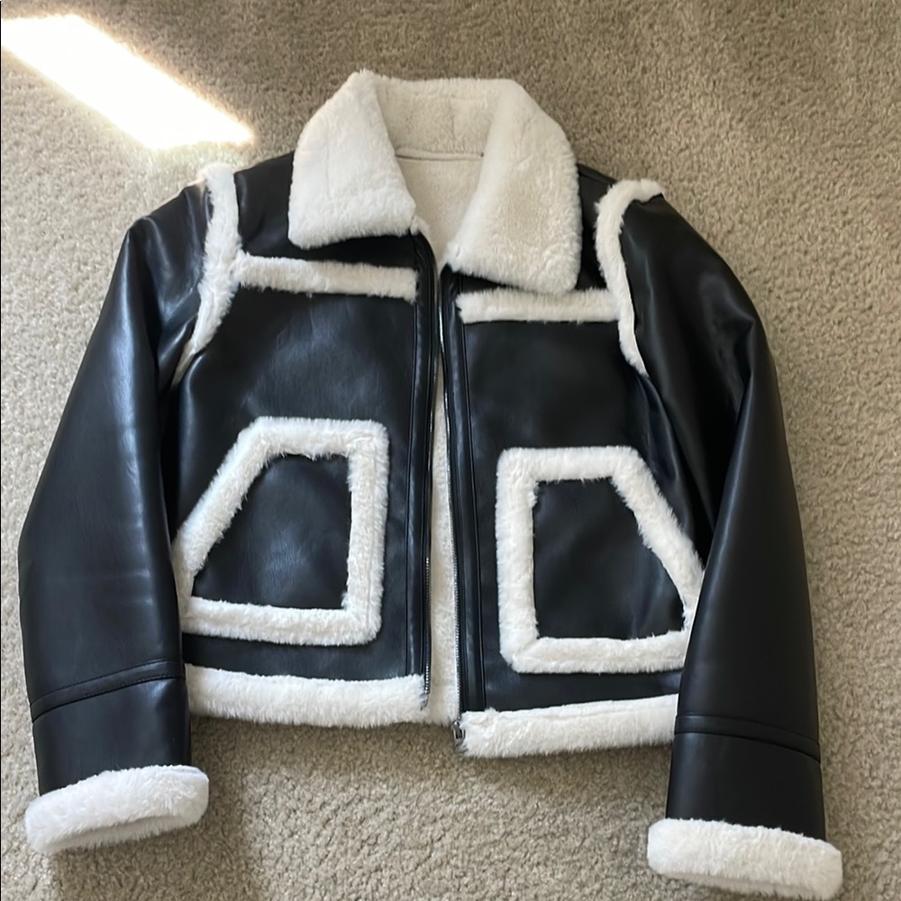 Black faux leather and White Shearling Women's Jacket